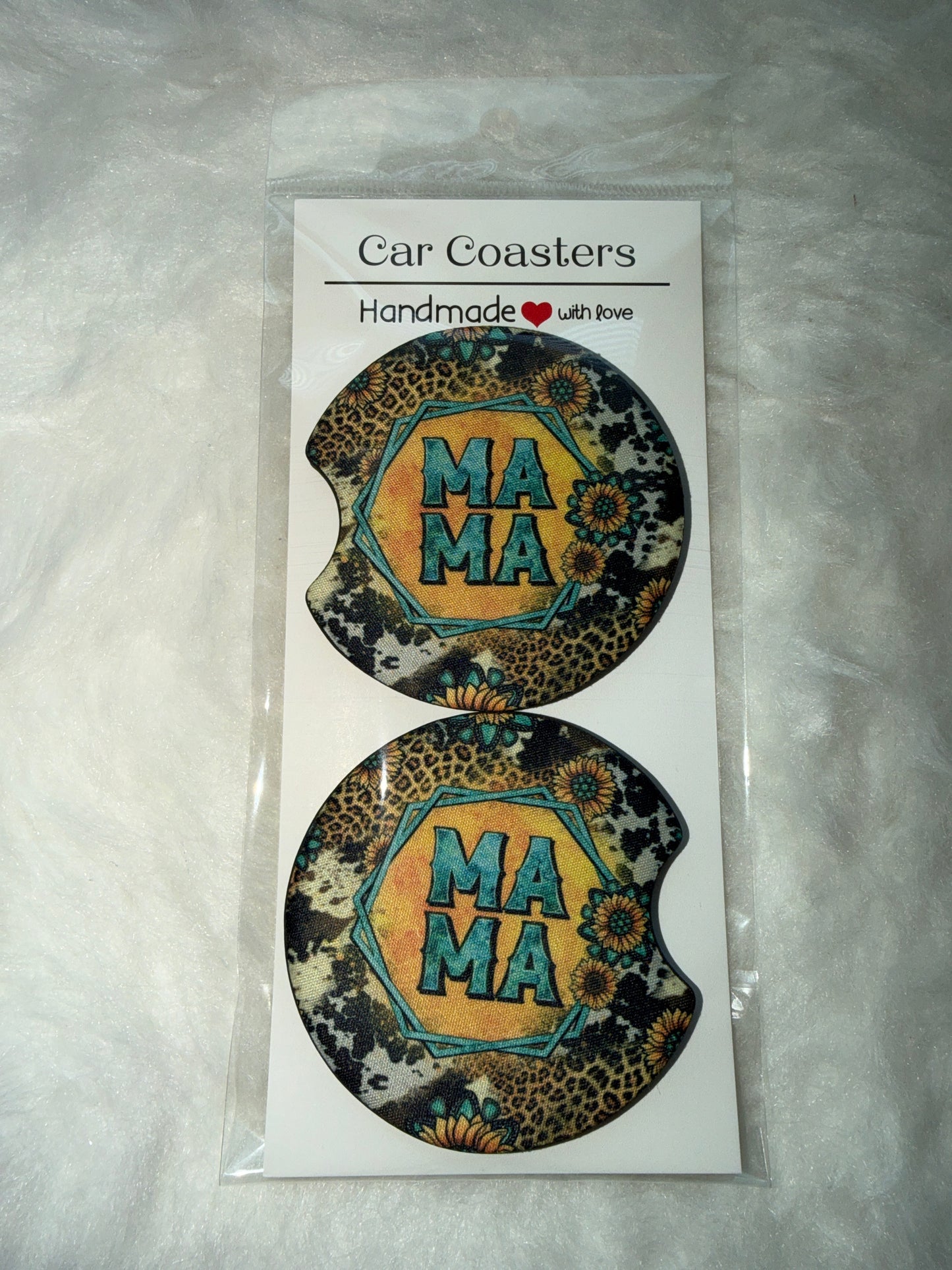Turquoise Western Leopard Mama Print Car Coaster Set