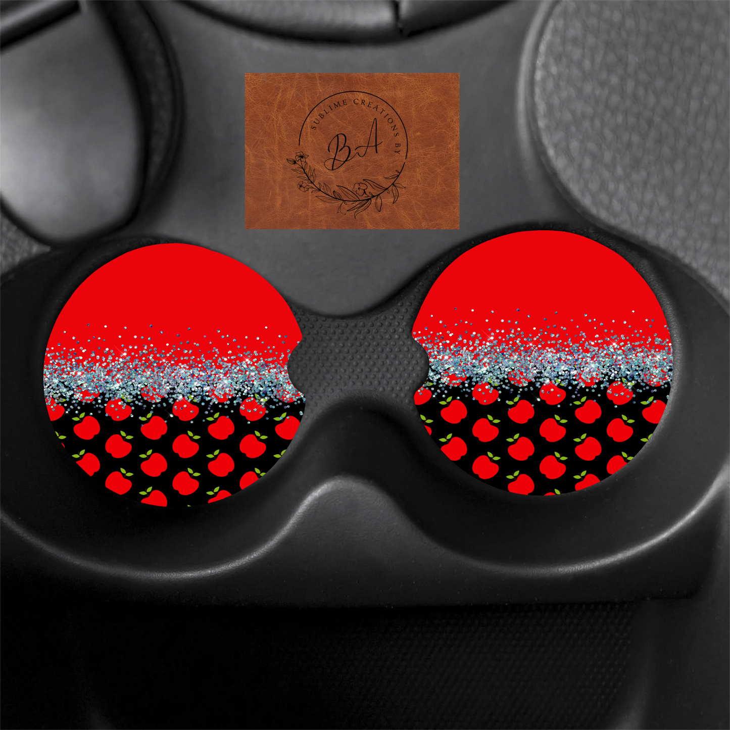 Glitter Red Apple Teacher  Seamless Print Car Coaster Set