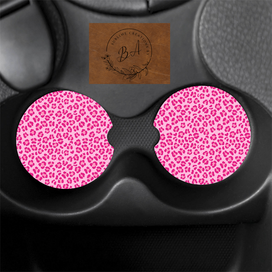 Pink Leopard Print Car Coaster Set