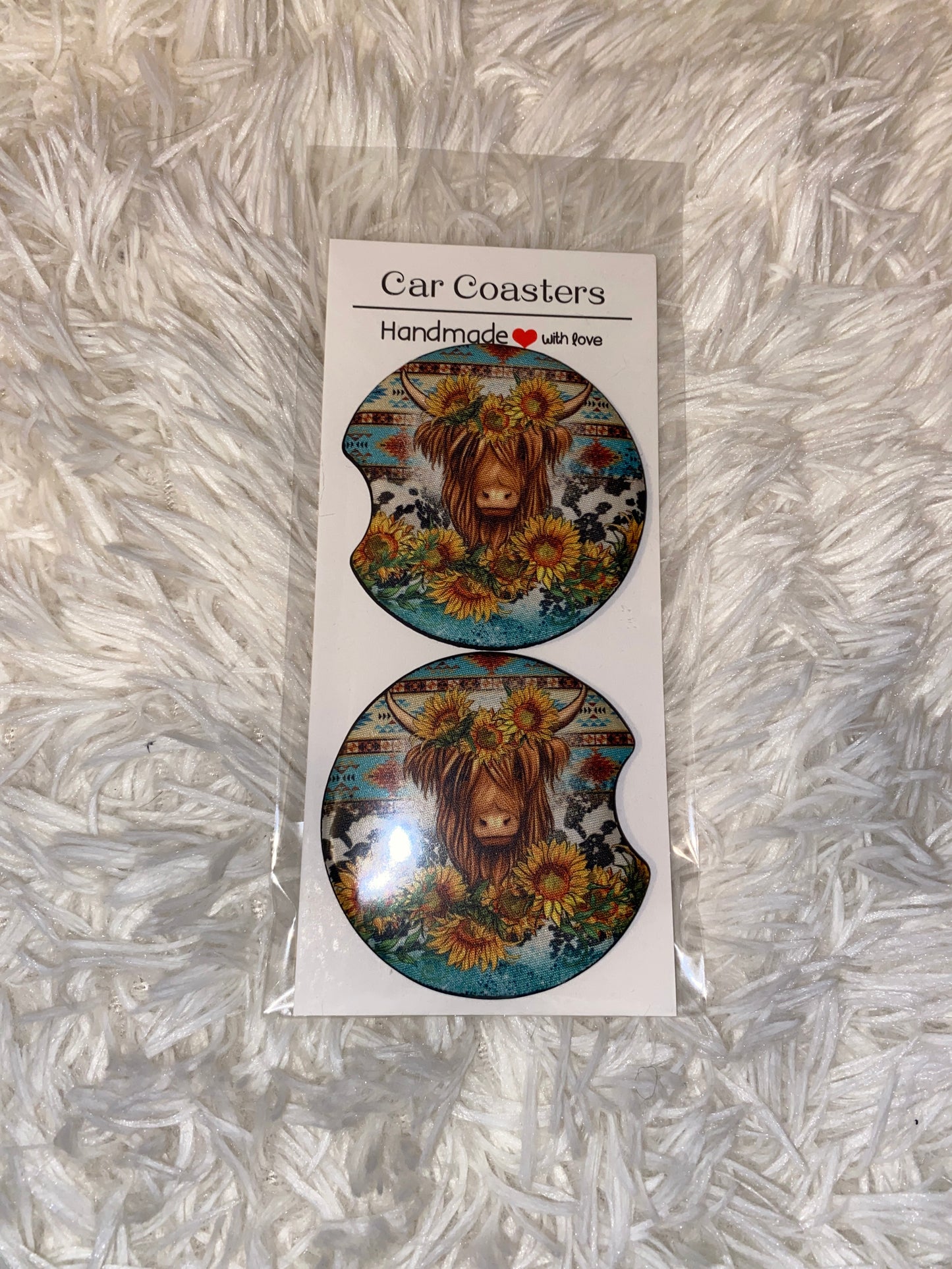 Hyland Cow Sunflower Western Print Car Coaster Set