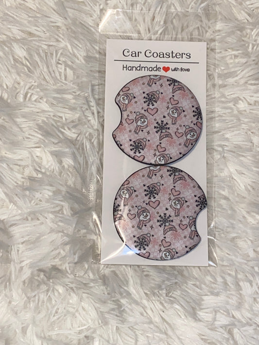 Pink Snowmen Print Car Coaster Set
