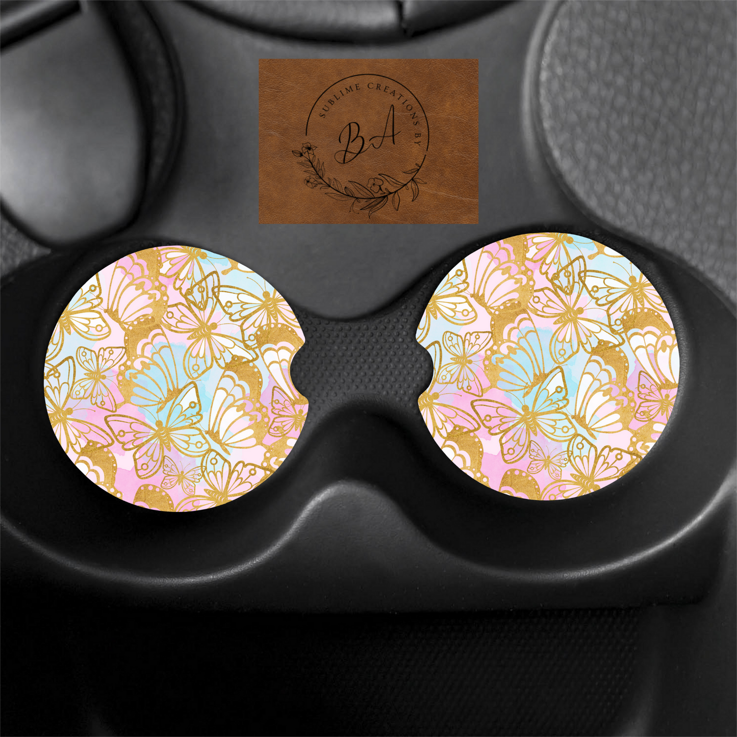 Gold Butterfly Print Car Coaster Set