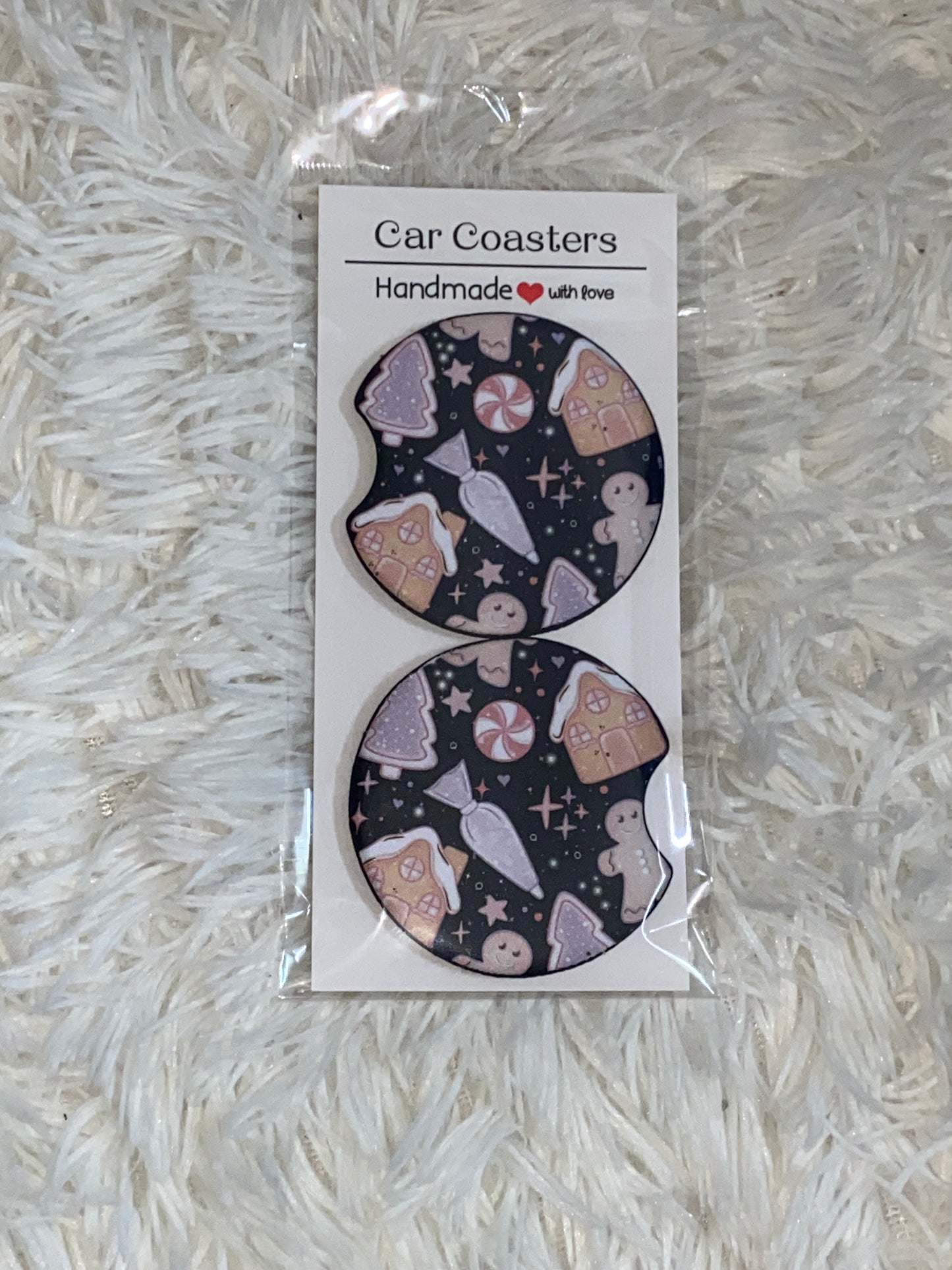 Pastel Gingerbread Print Car Coaster Set