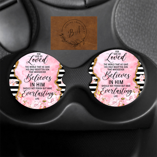 "For god so loved" Print Car Coaster Set