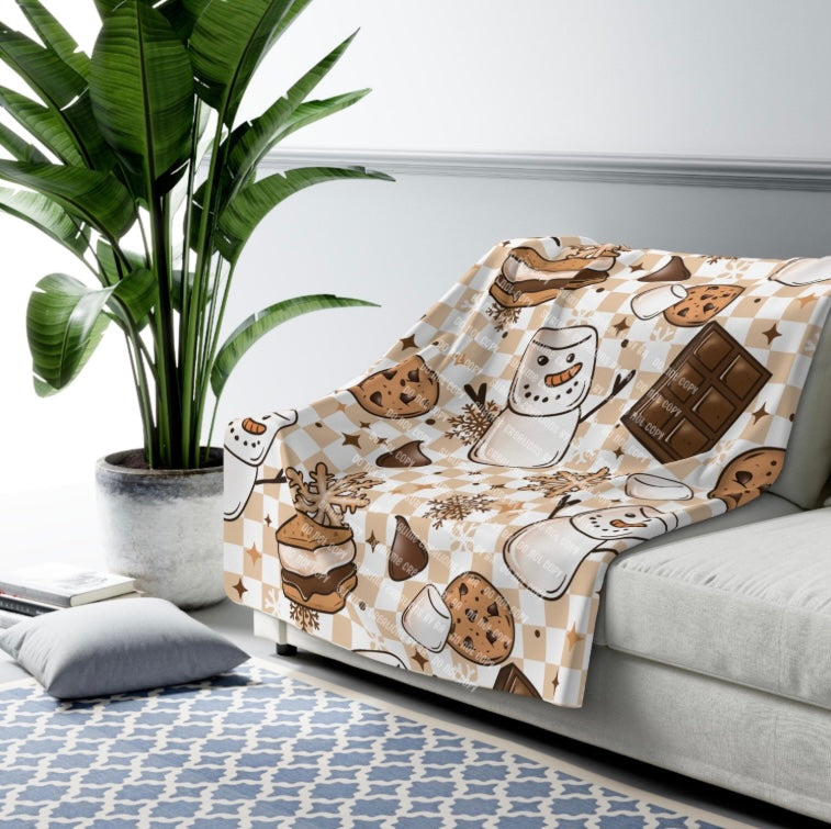Snowman Smores Sherpa Blanket, Velveteen Plush Blanket
