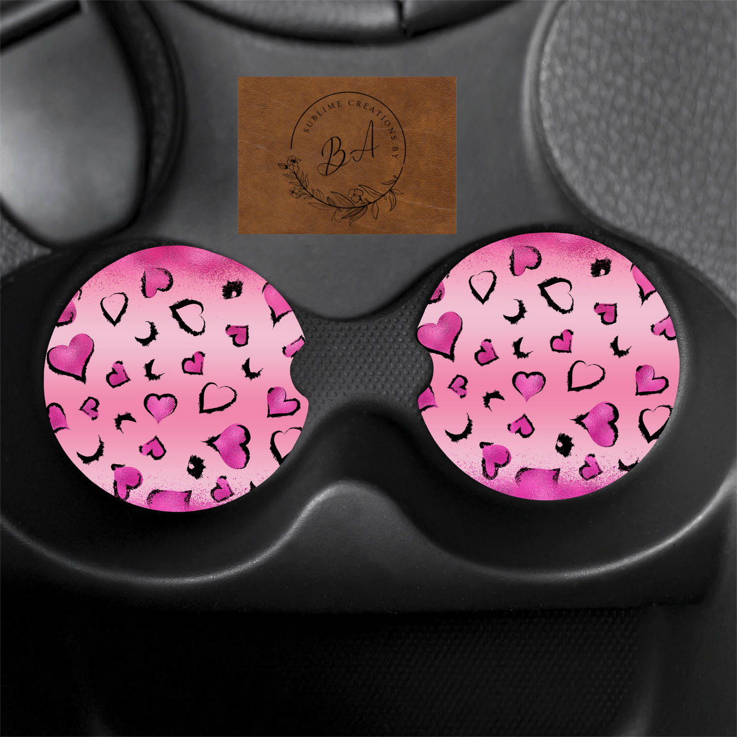Pink Heart Leopard Print Car Coaster Set