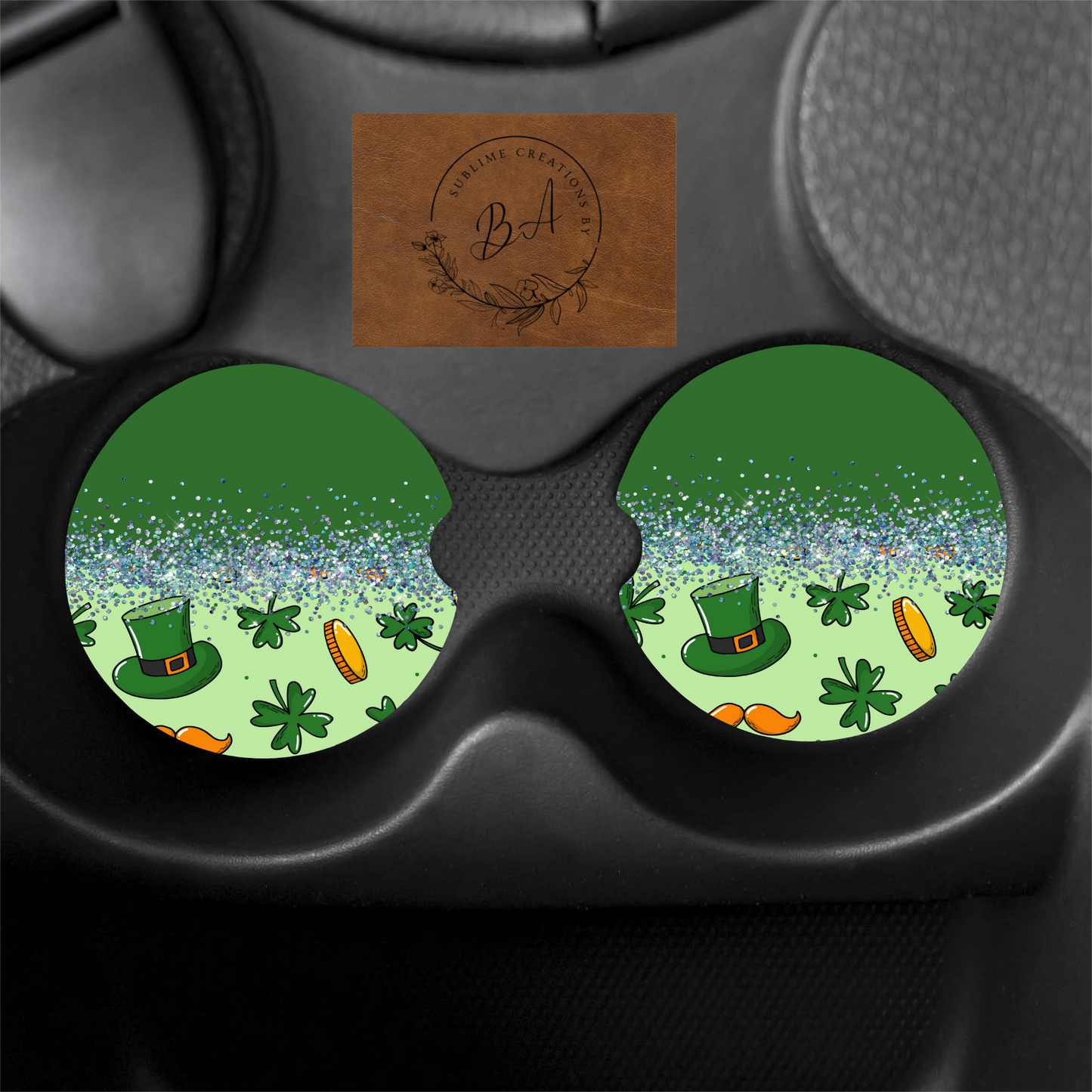 Glitters St Patty’s Hat Print Car Coaster set