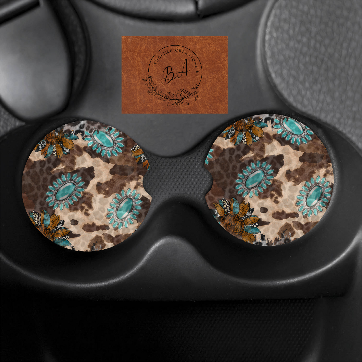 Leopard Turquoise Print Car Coaster Set