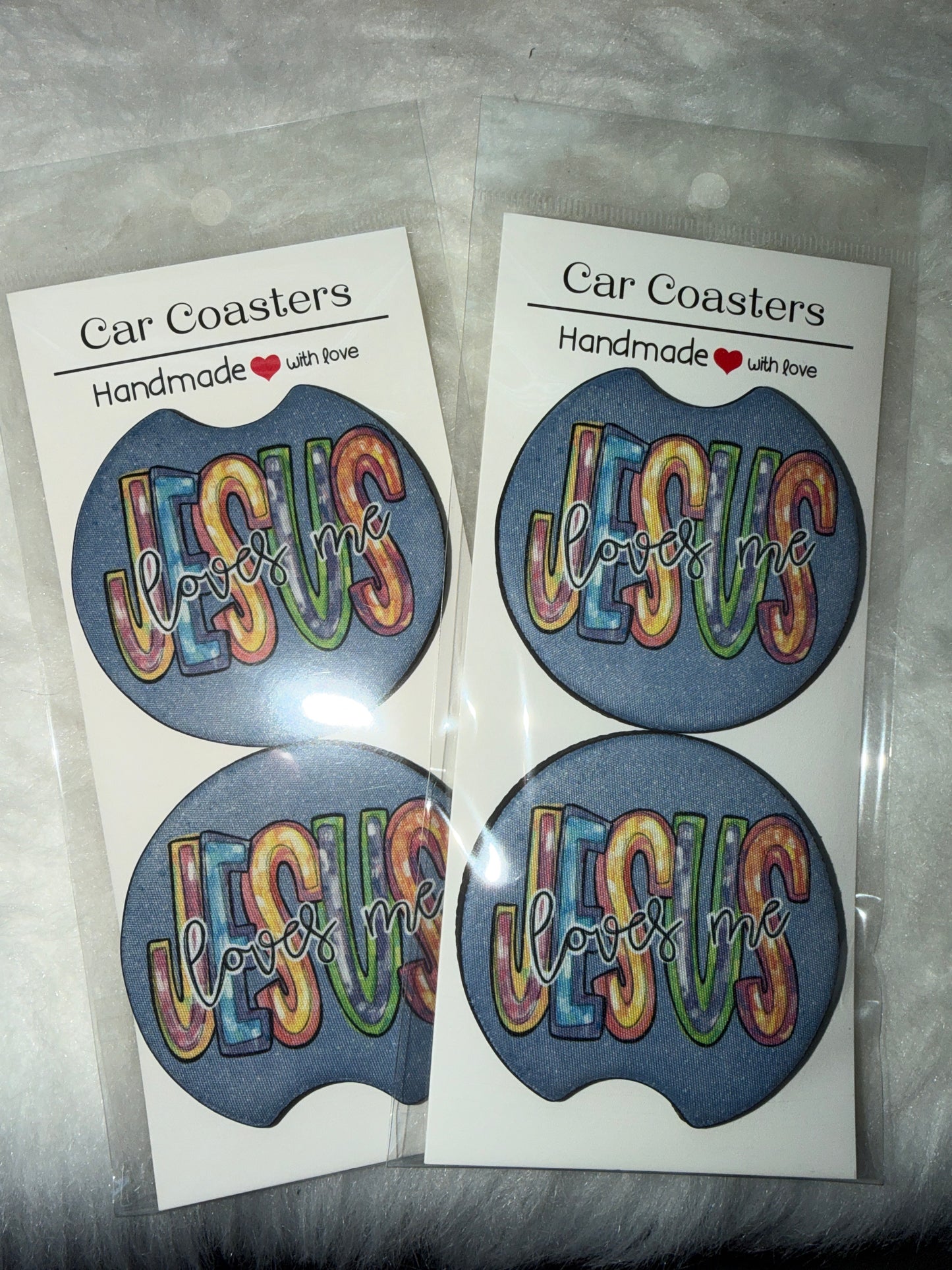 "Jesus loves me" Print Car Coaster Set
