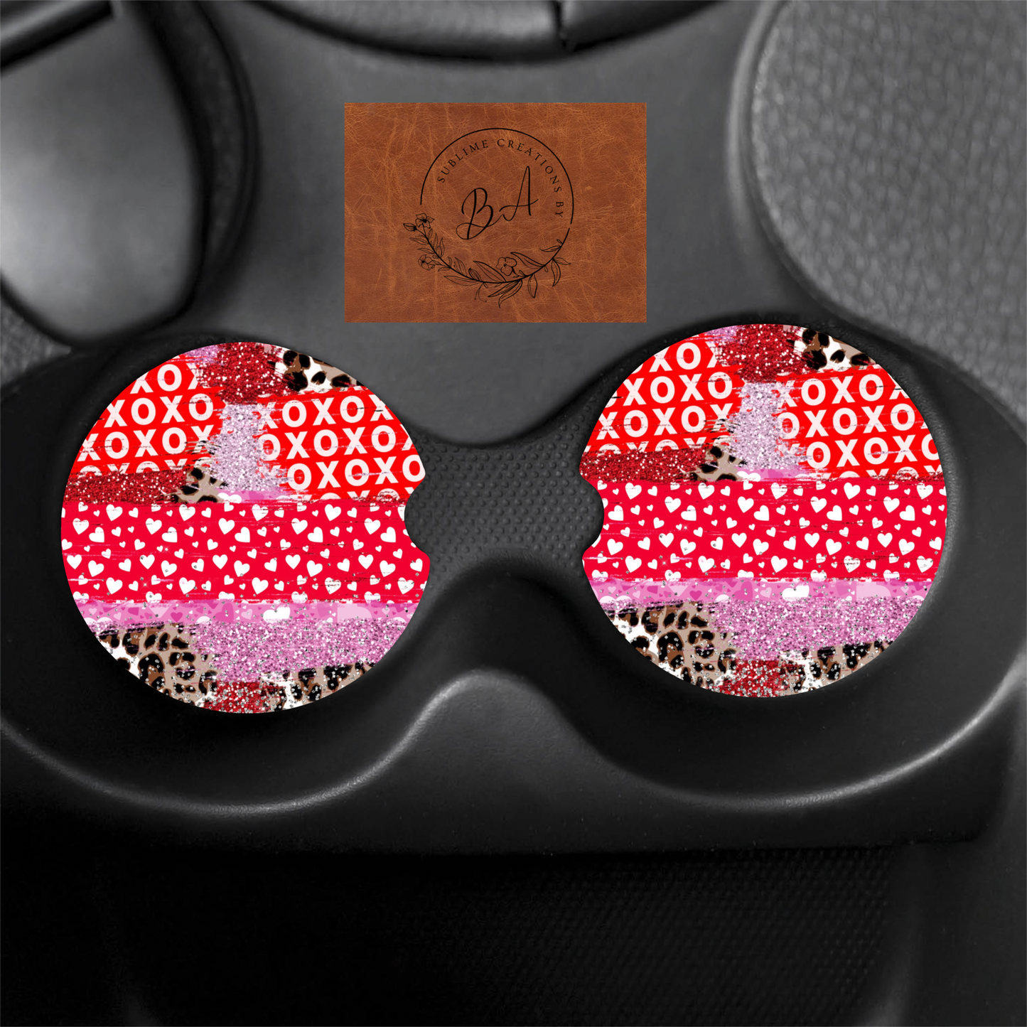 XOXO Leopard Valentine Print Car Coaster Set
