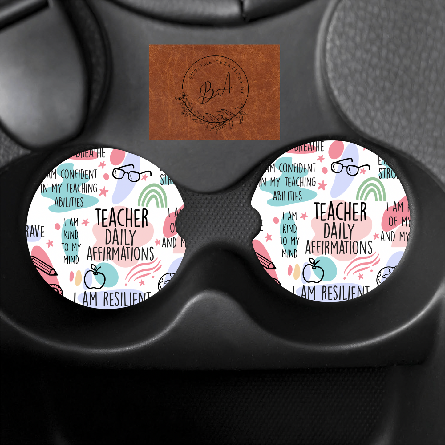 Teacher Affirmation Seamless Print Car Coaster Set