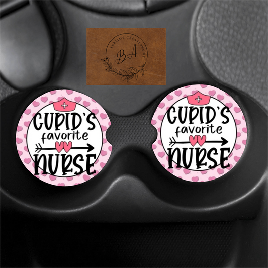 “Cupids Favorite Nurse” Print Car Coaster Set