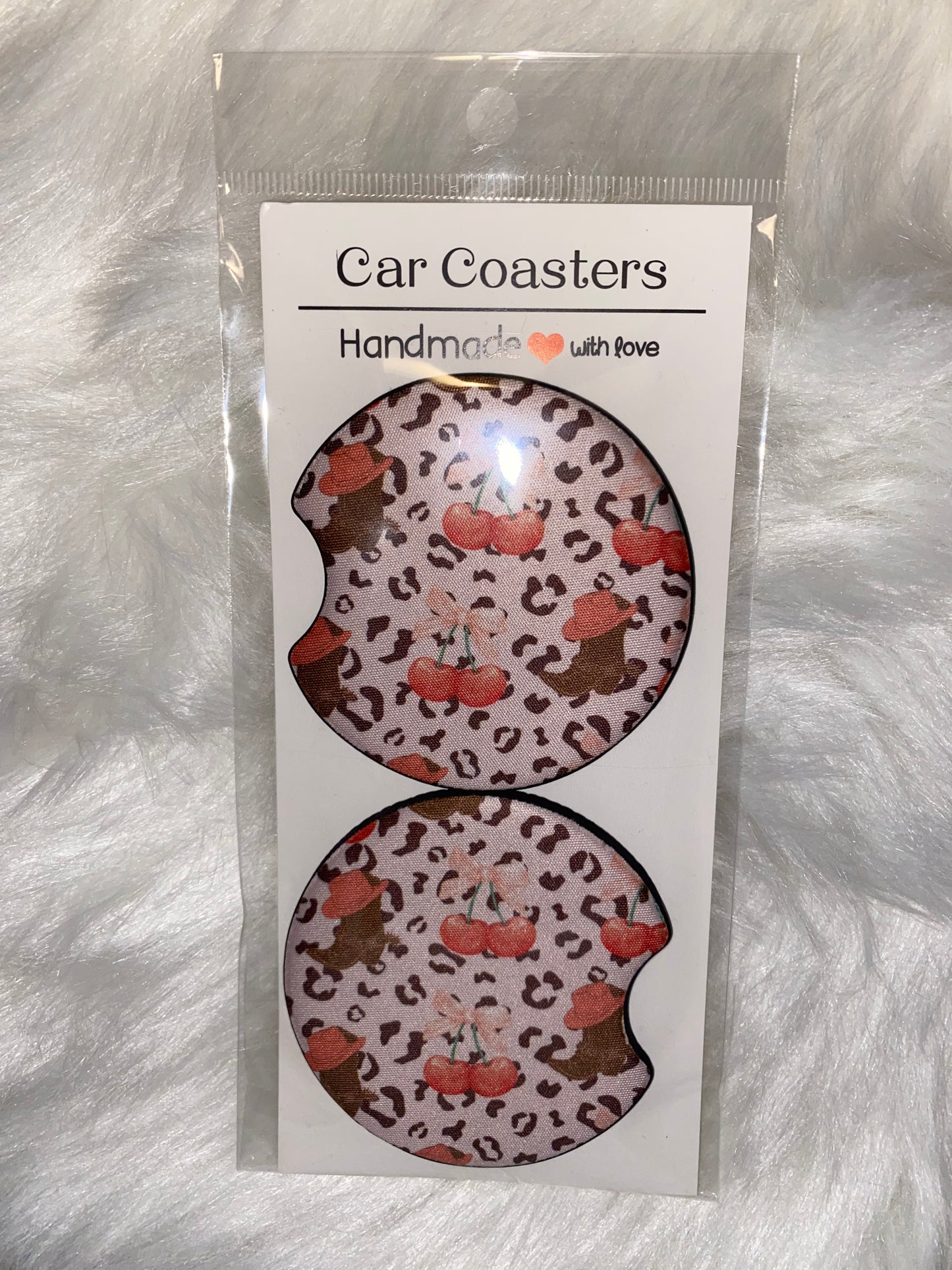 Cowgirl Leopard Cherry Print Car Coaster Set