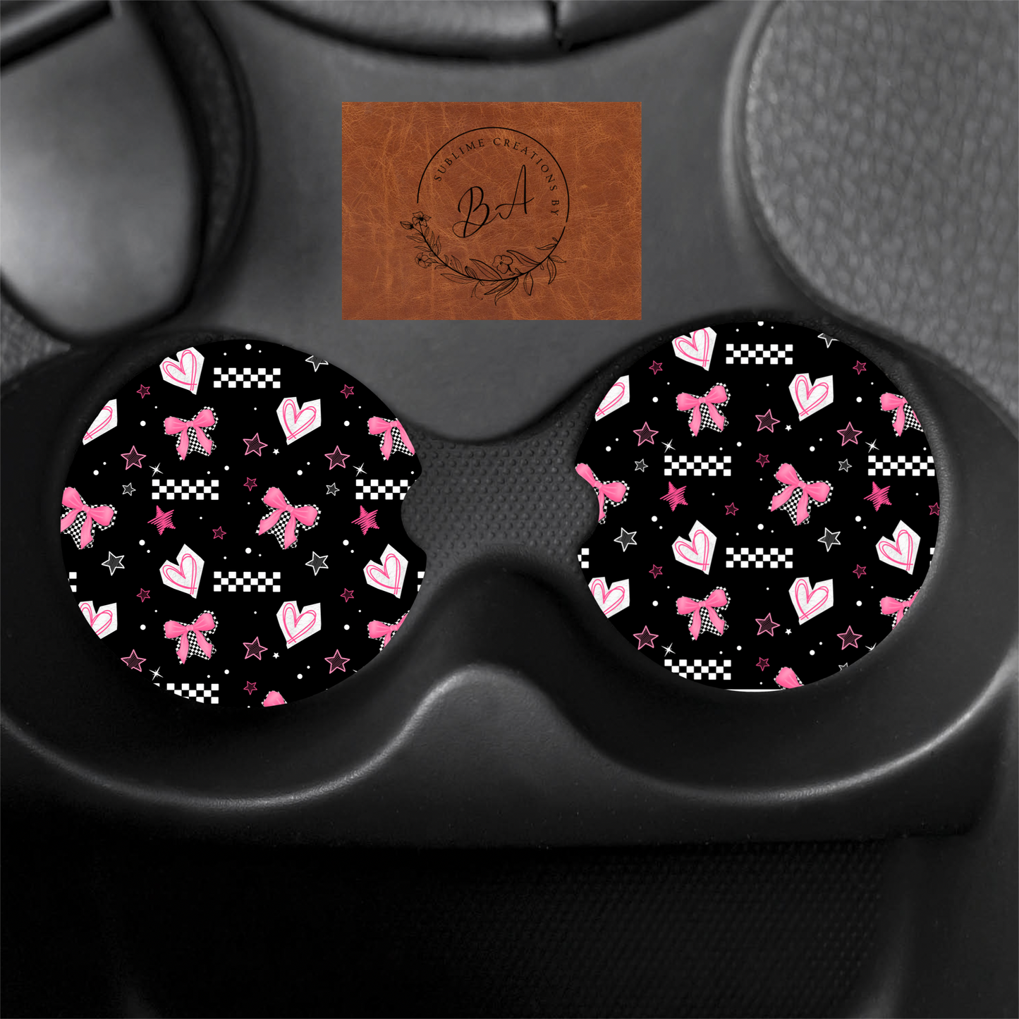 Pink Bows and Stars Print Car Coaster Set