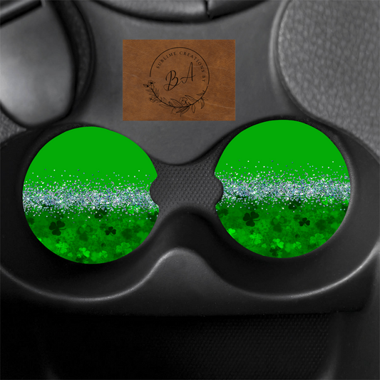 Glittered Dark Shamrock Print Car Coaster Set