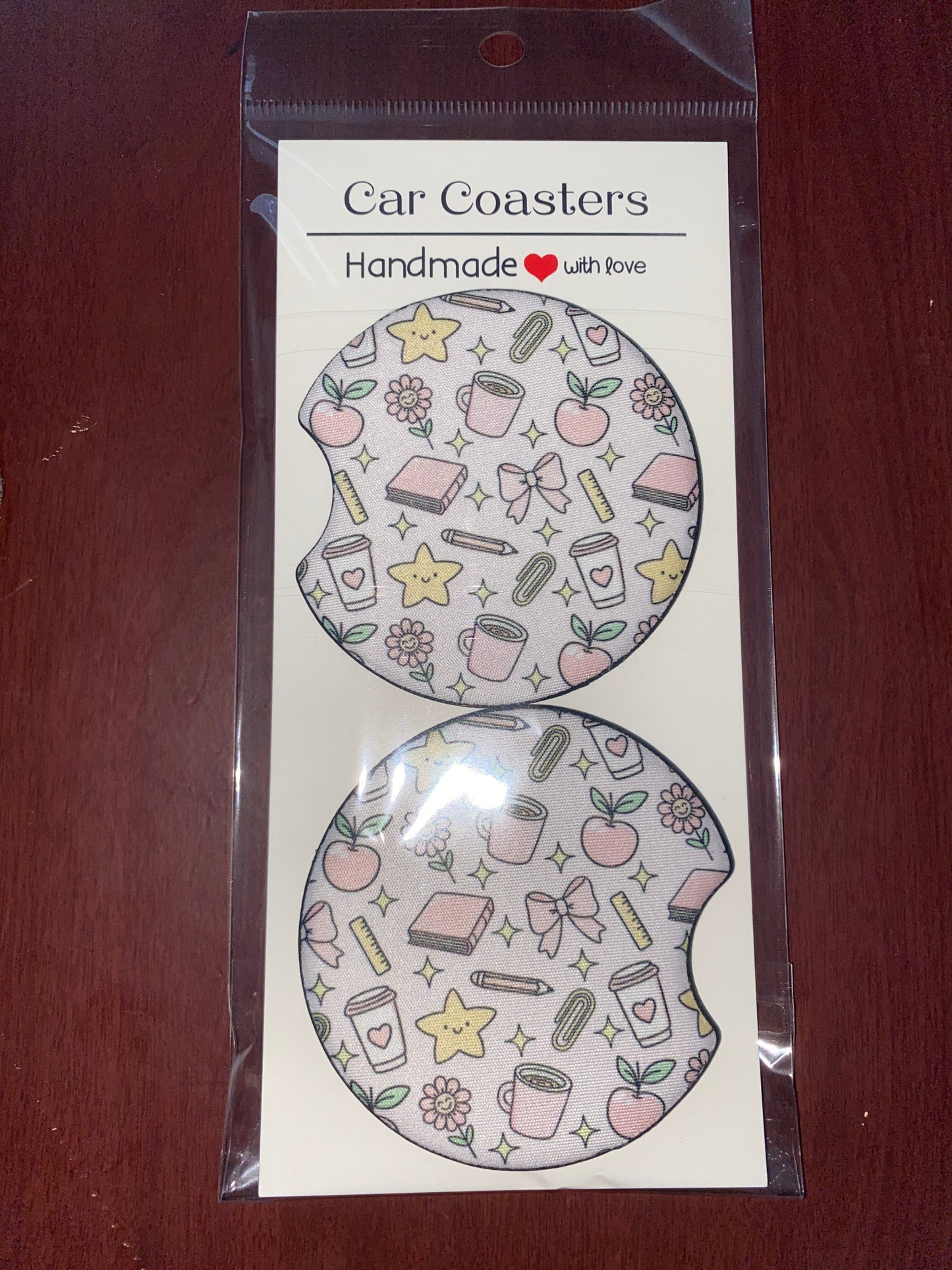 Pink Teacher Print Car Coaster Set