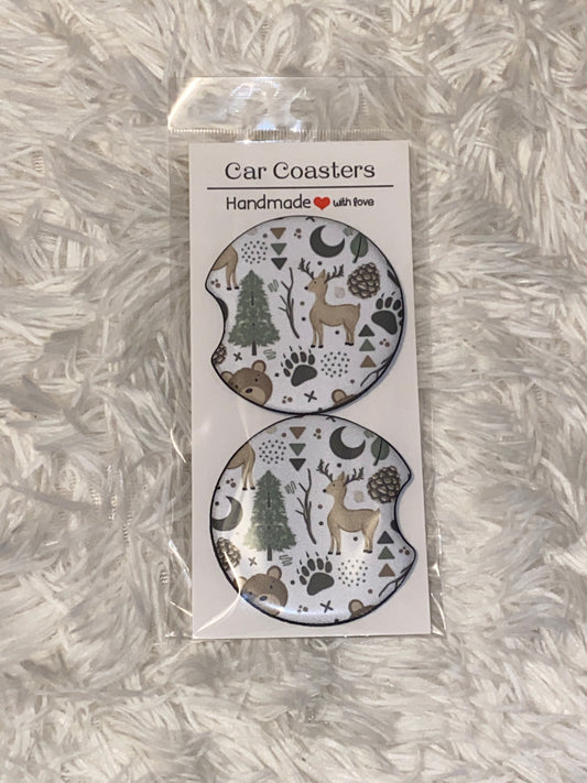 Green Woodland Print Car Coaster Set