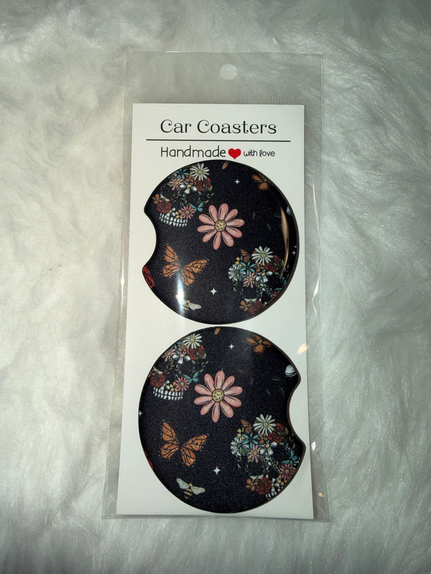 Floral Skull Seamless Print Car Coaster Set