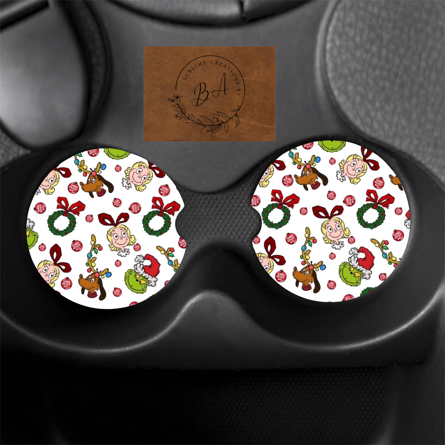 Green Christmas Print Car Coaster Set