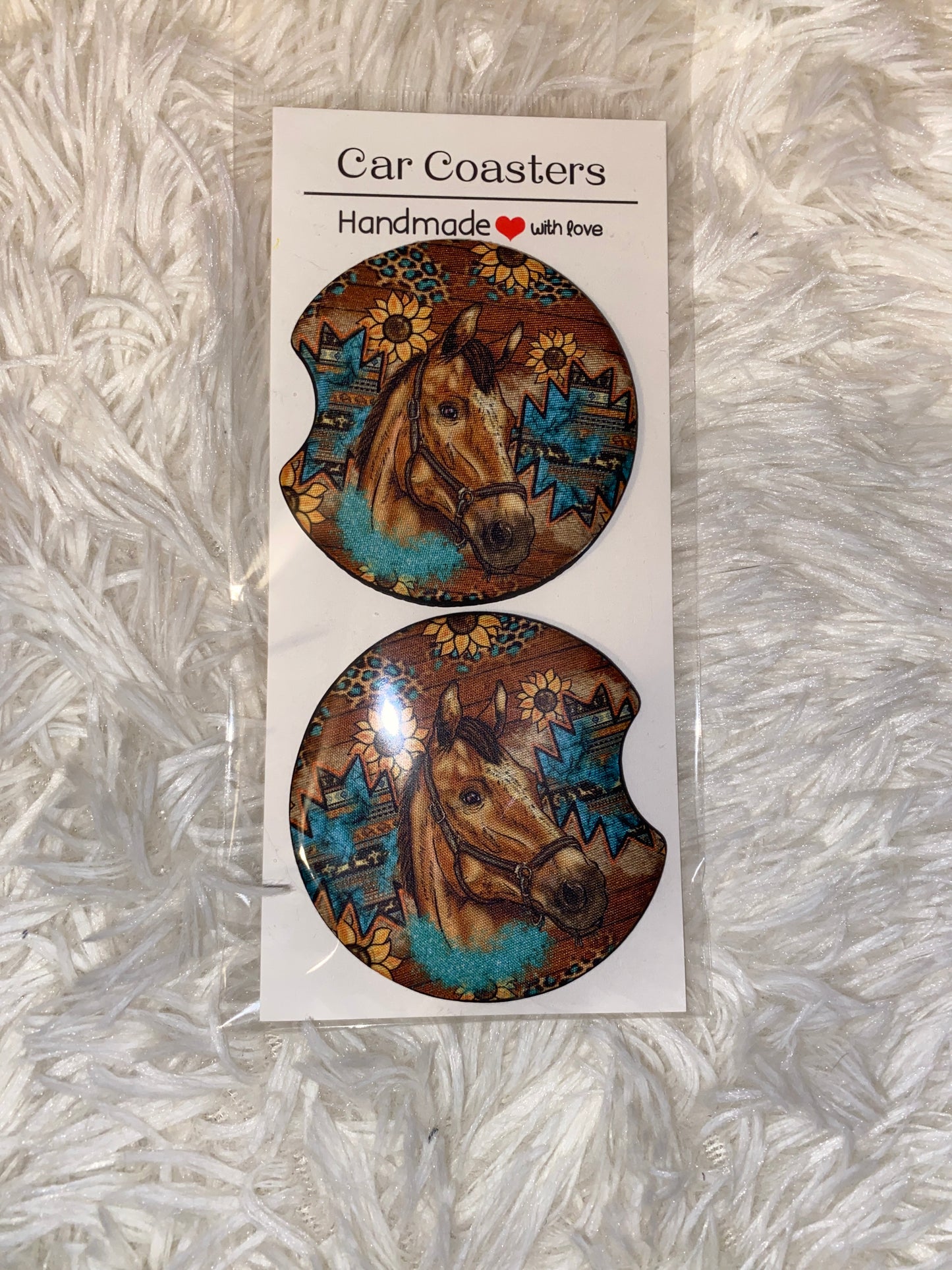 Horse Sunflower Western Print Car Coaster Set