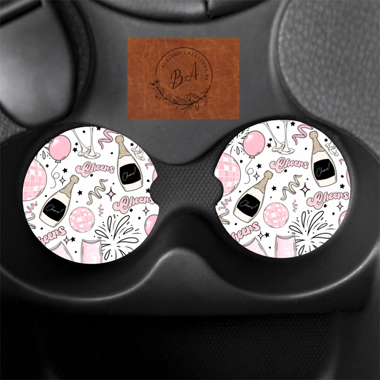 Pink New Years Print Car Coaster Set