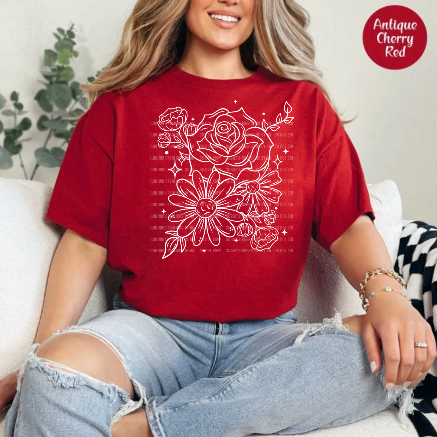 Floral White Outline Single Tee