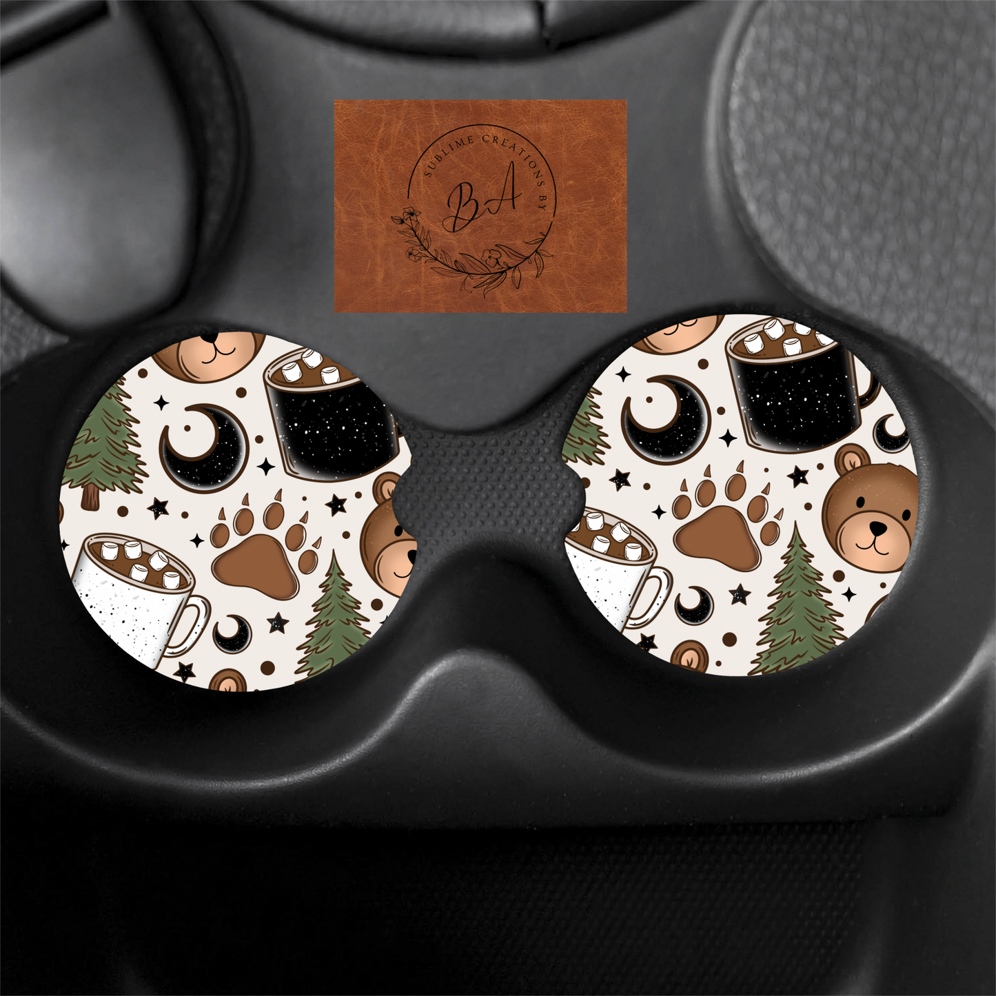 Bear Camping Print Car Coaster Set