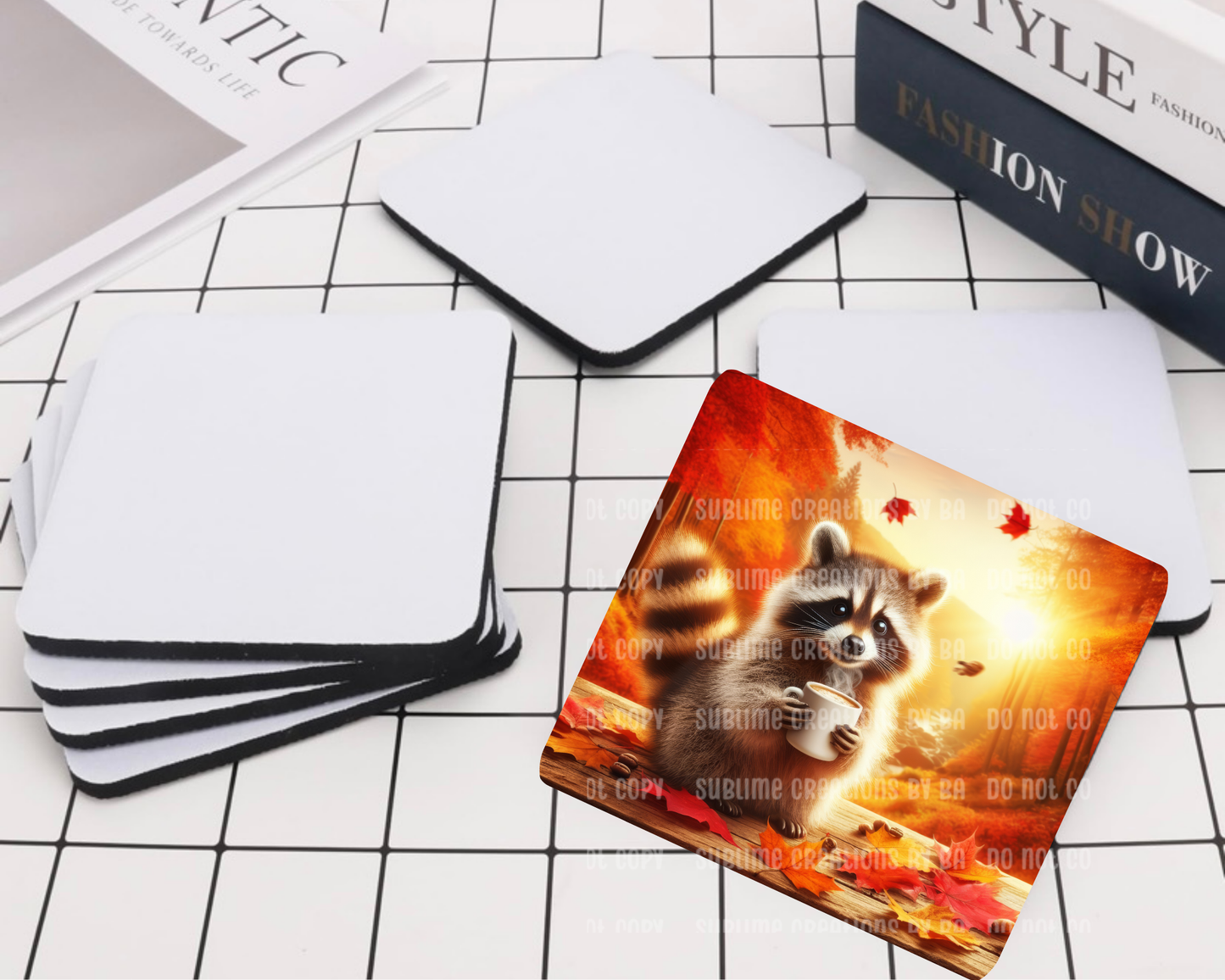 Autumn Raccoon Coffee Coaster Set