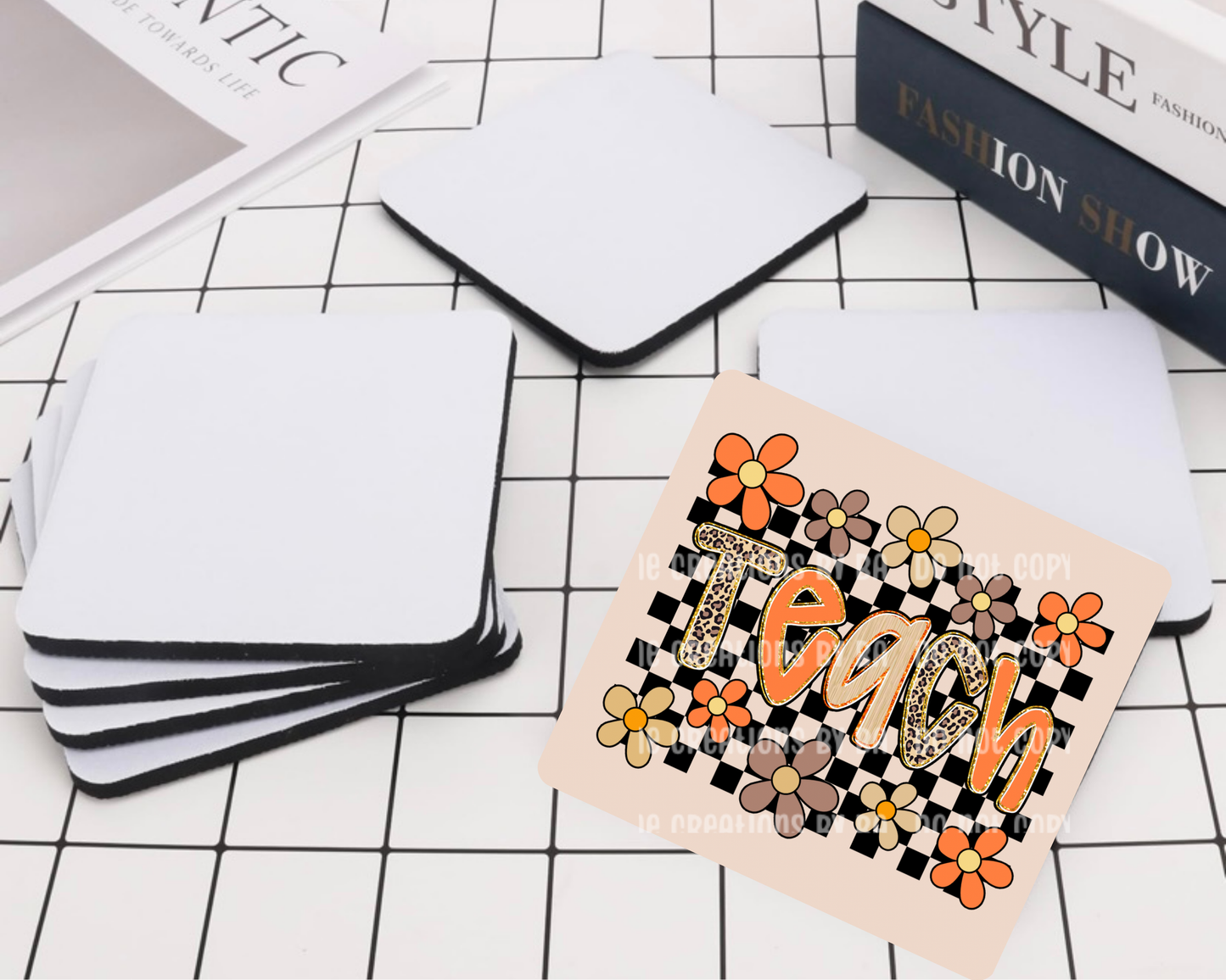 Preppy Floral Checkered TEACH Desk Coaster