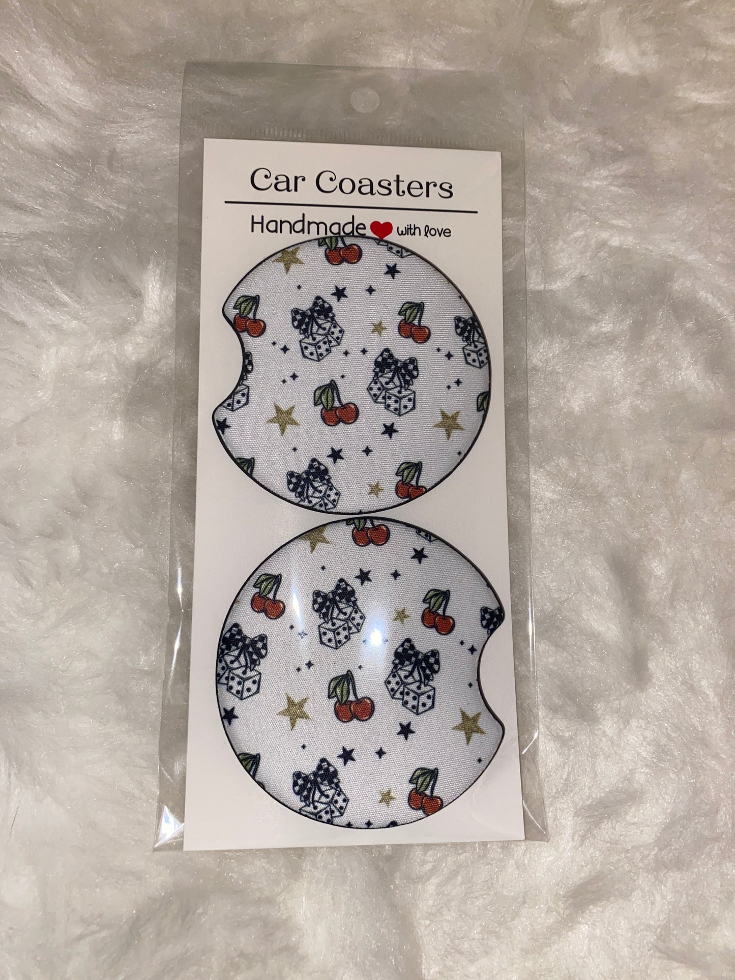 Cherry Dice Print Car Coaster Set