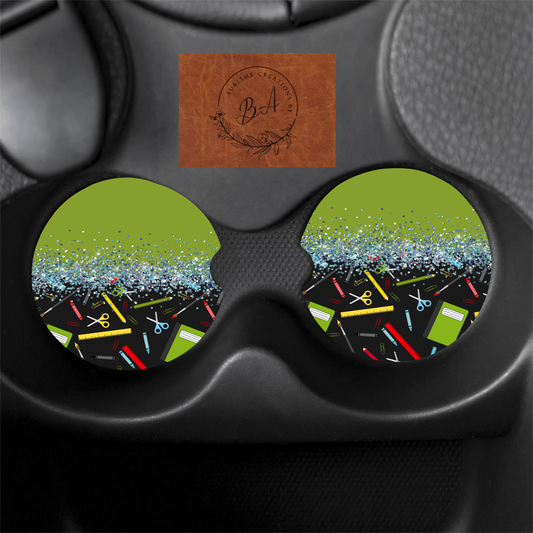 Glitter Green Teacher Seamless Print Car Coaster Set