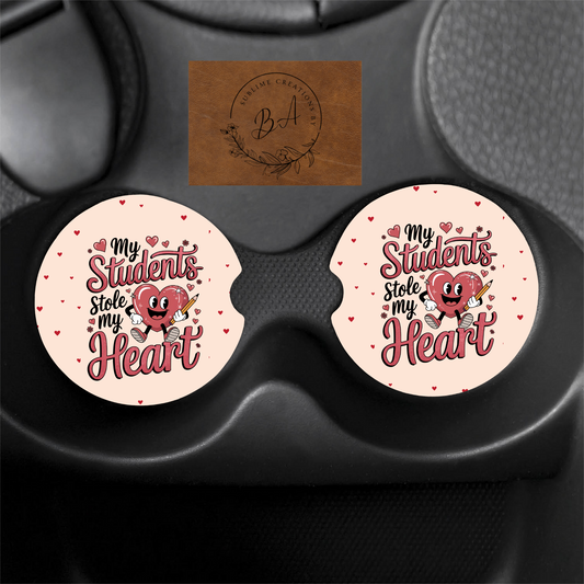 “My Students Stole My Heart” Print Car Coaster Set