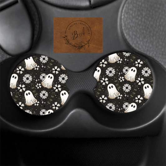 Ghost Floral Print Car Coaster Set