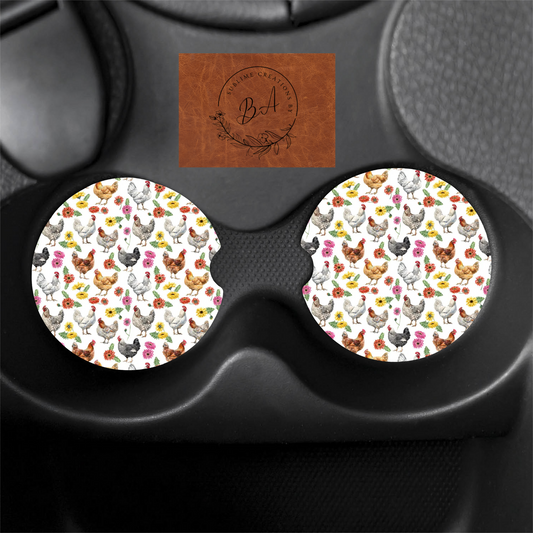 Floral Chicken Pattern Car Coaster Set