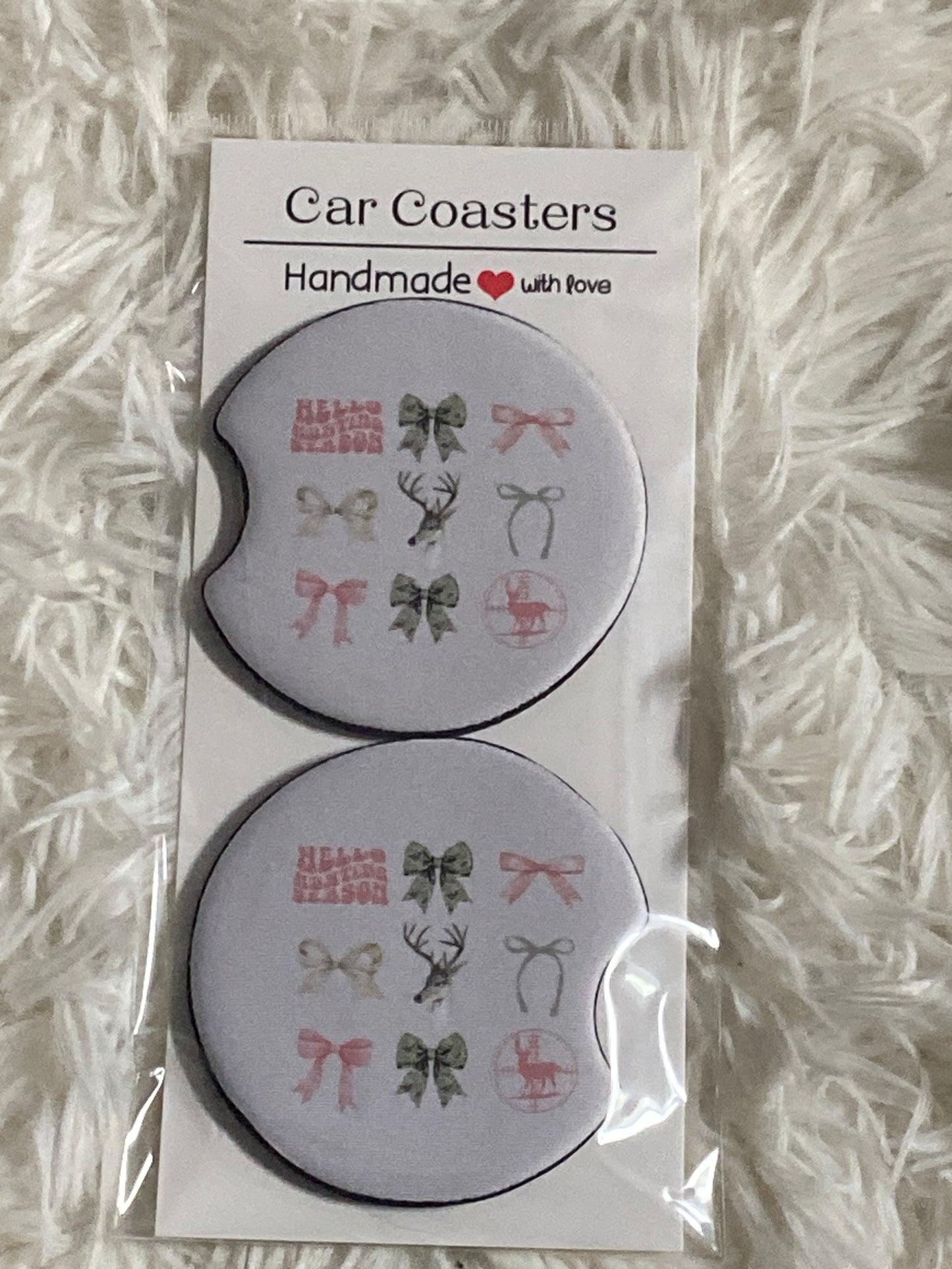 Pink Hello Hunting Print Car Coaster Set