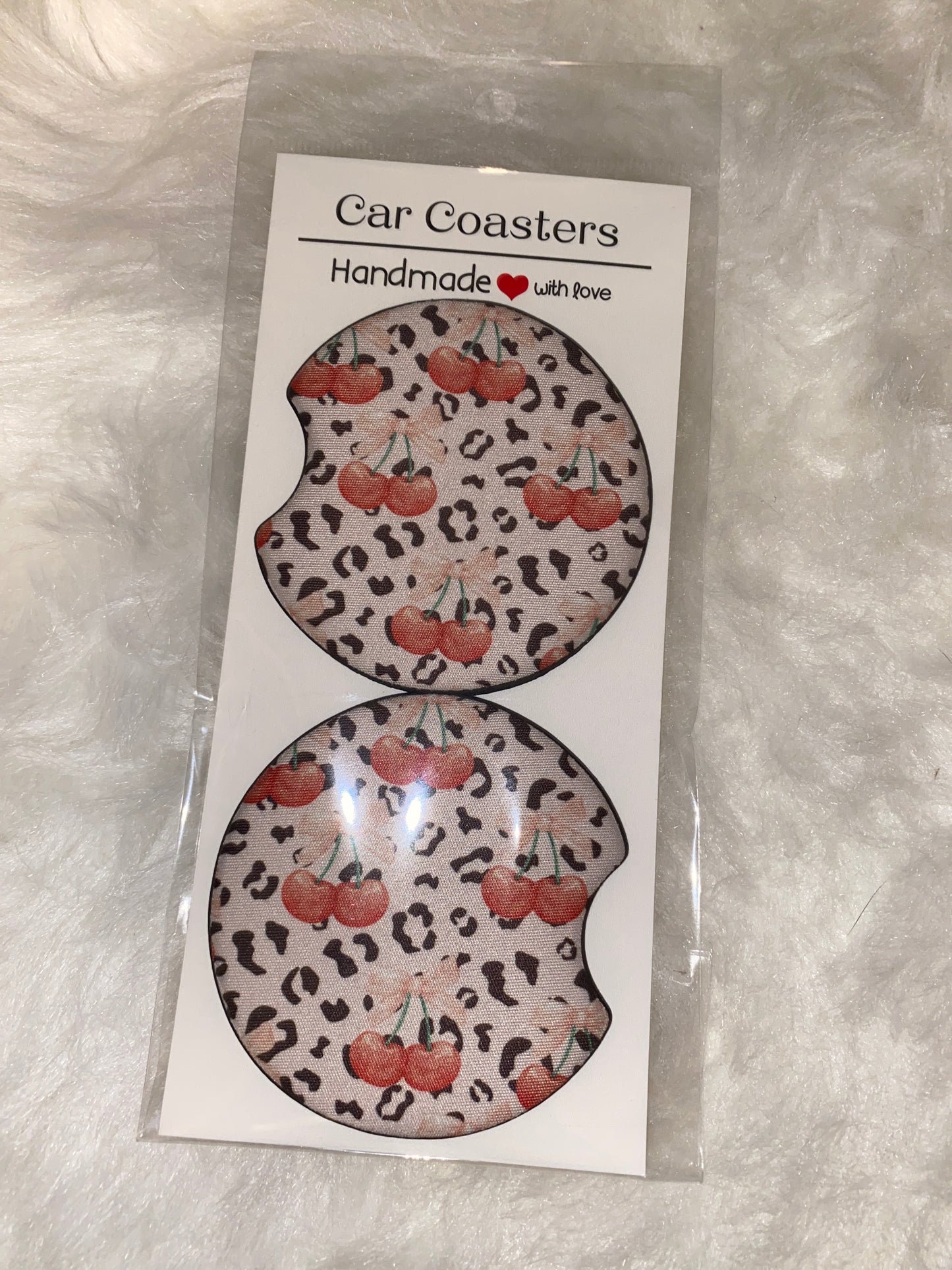 Cherry Leopard Print Car Coaster Set