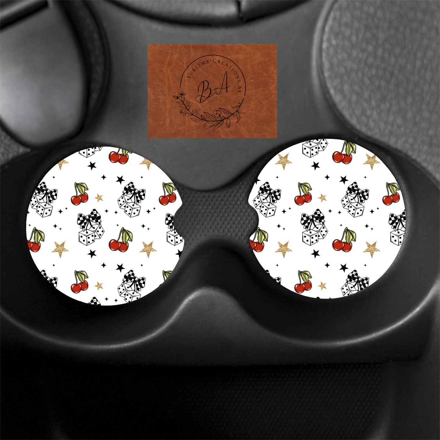 Cherry Dice Print Car Coaster Set