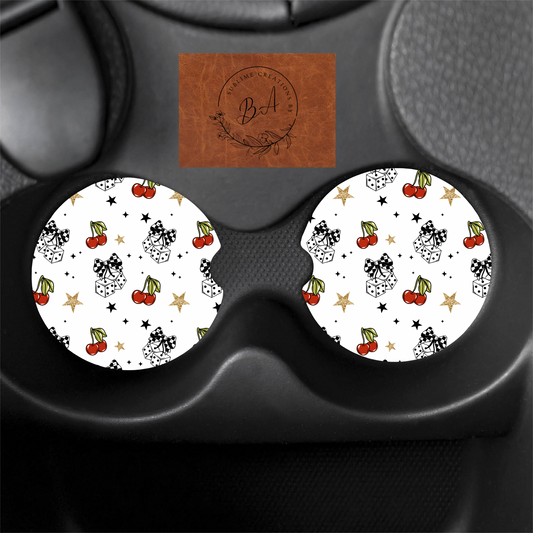 Cherry Dice Print Car Coaster Set
