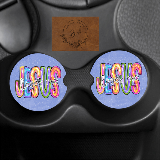 "Jesus loves me" Print Car Coaster Set