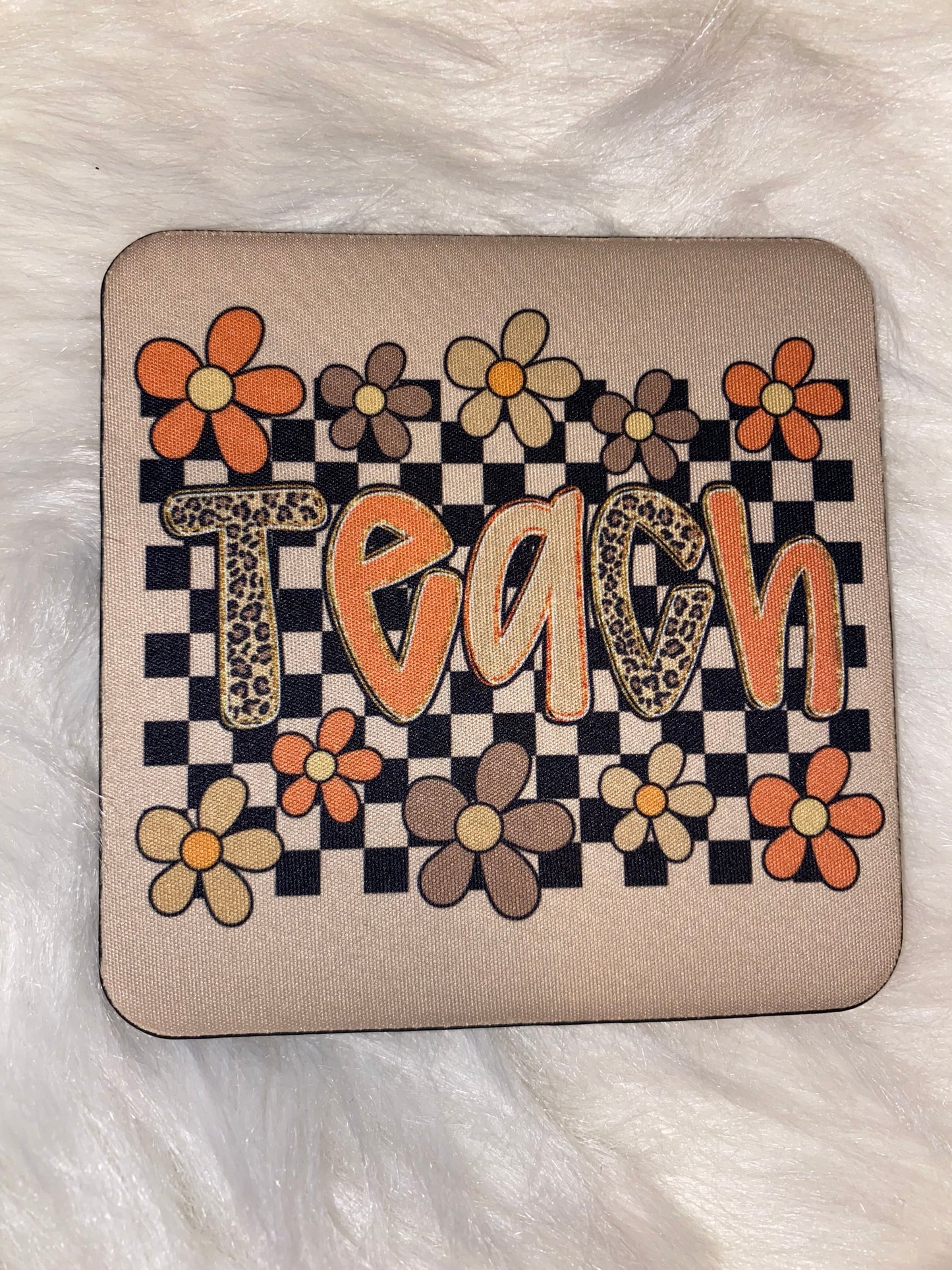 Preppy Floral Checkered TEACH Desk Coaster