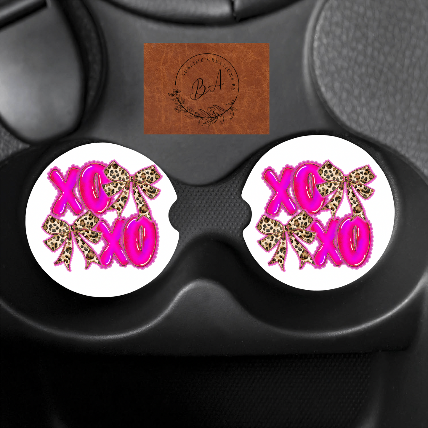 Pink Leopard Bow XOXO Print Car Coaster Set