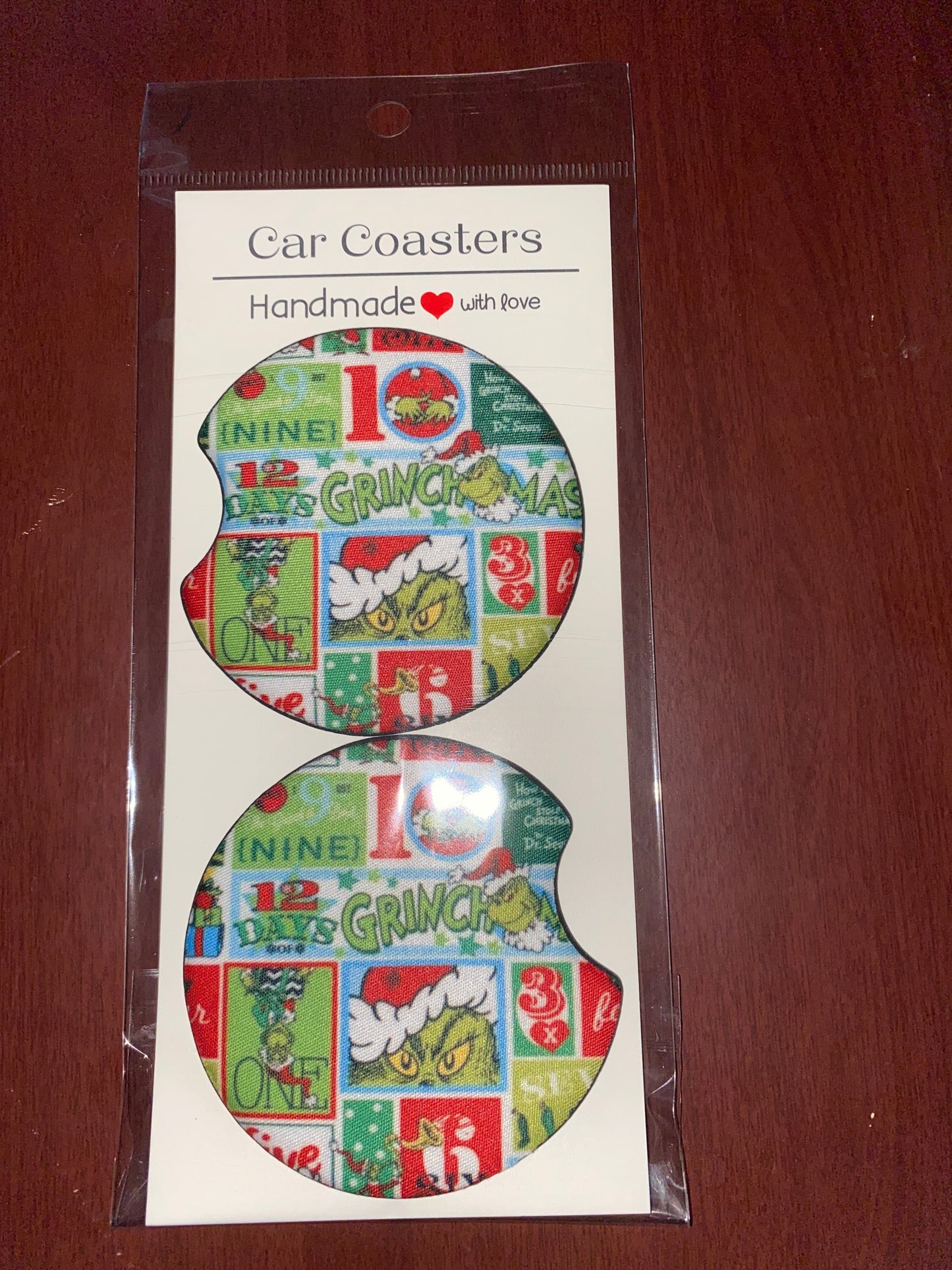 Green Christmas Print Car Coaster Set
