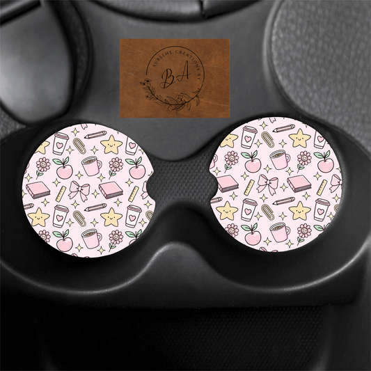 Pink Teacher Print Car Coaster Set