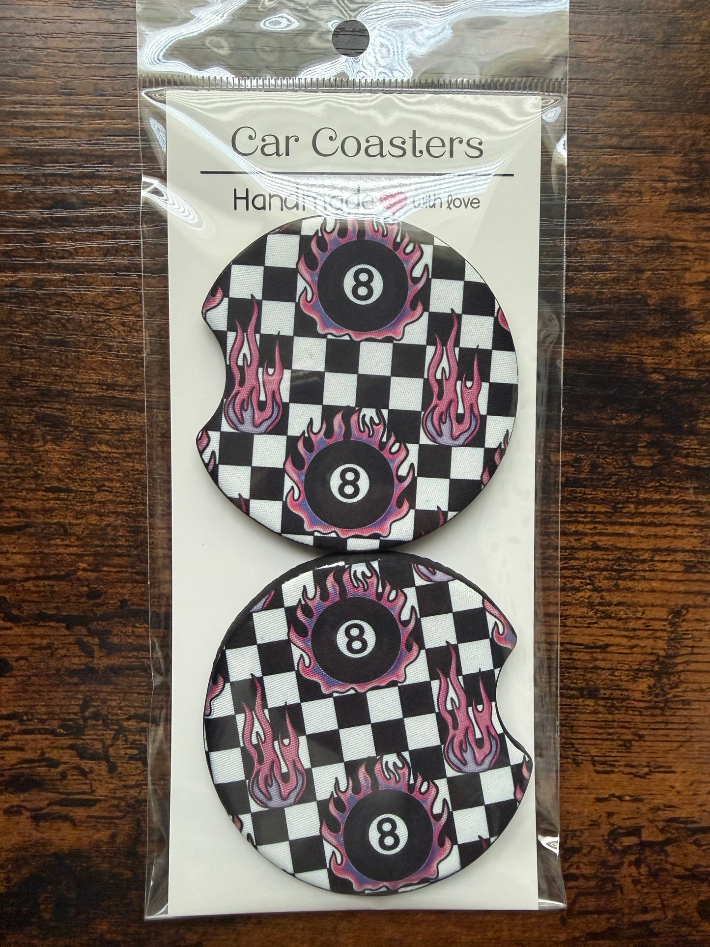 Checkered 8 Ball Flames Car Coaster Sets
