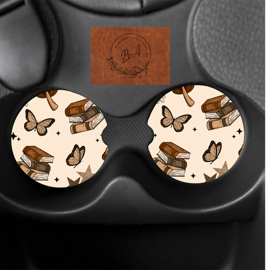 Books Butterflies Print Car Coaster Set