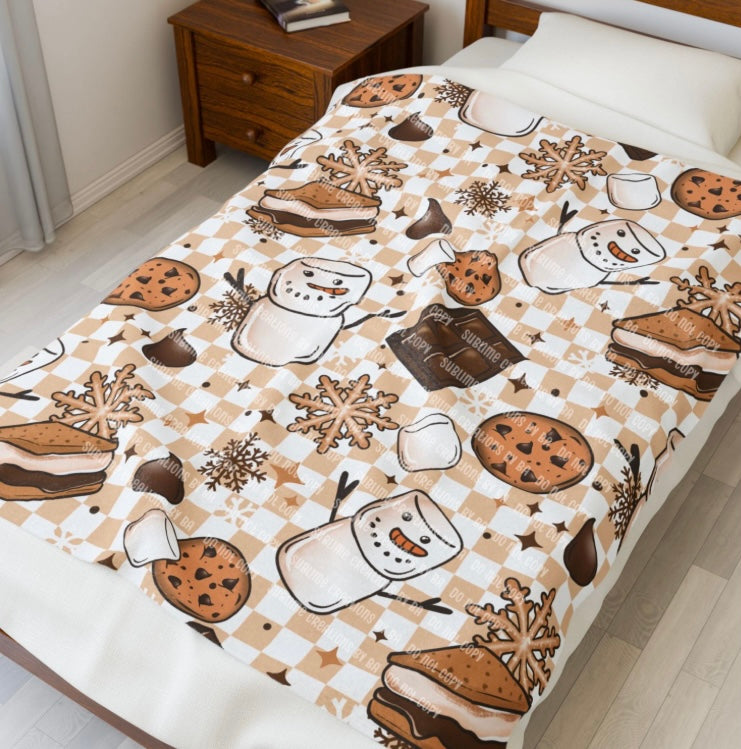 Snowman Smores Sherpa Blanket, Velveteen Plush Blanket