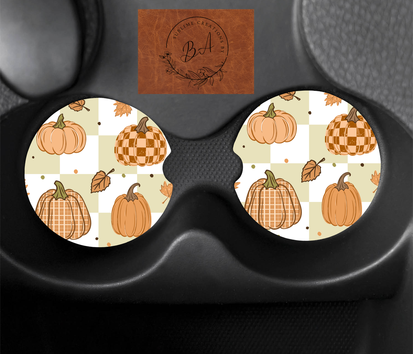 Orange Pumpkin Checker Car Coaster Set