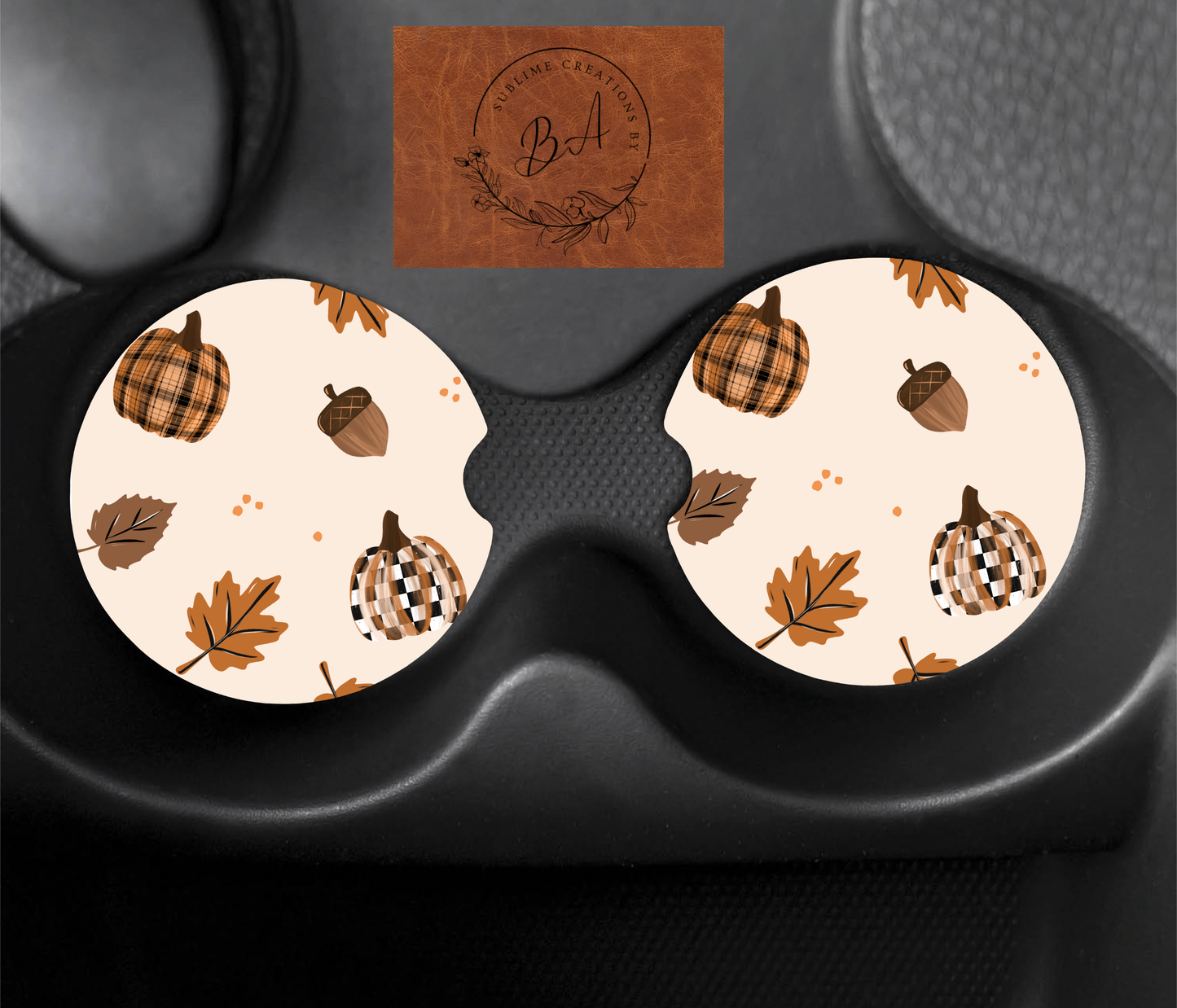 Plaid Checker Pumpkin Seamless Car Coaster Set