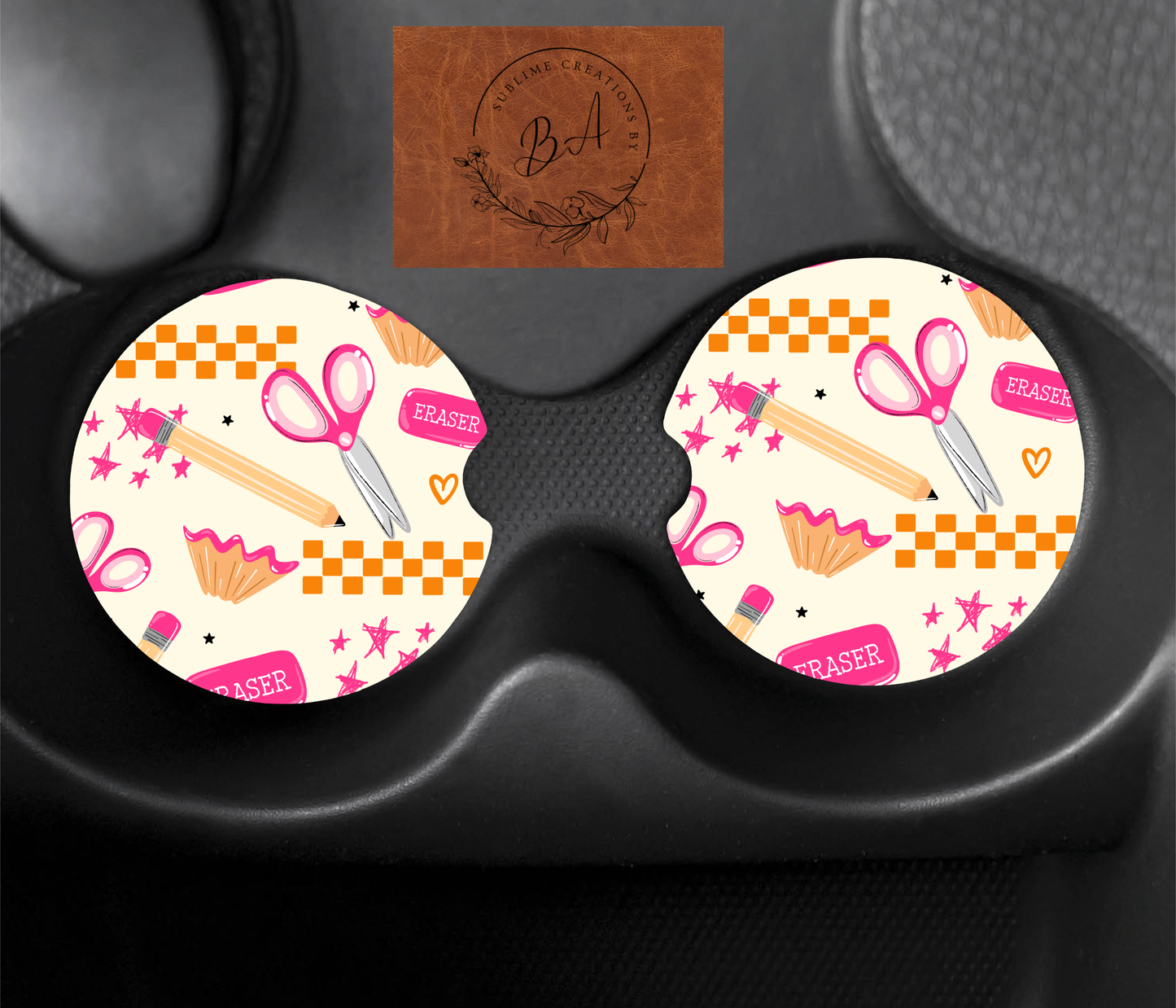 School Supplies Pink Seamless Car Coaster Set
