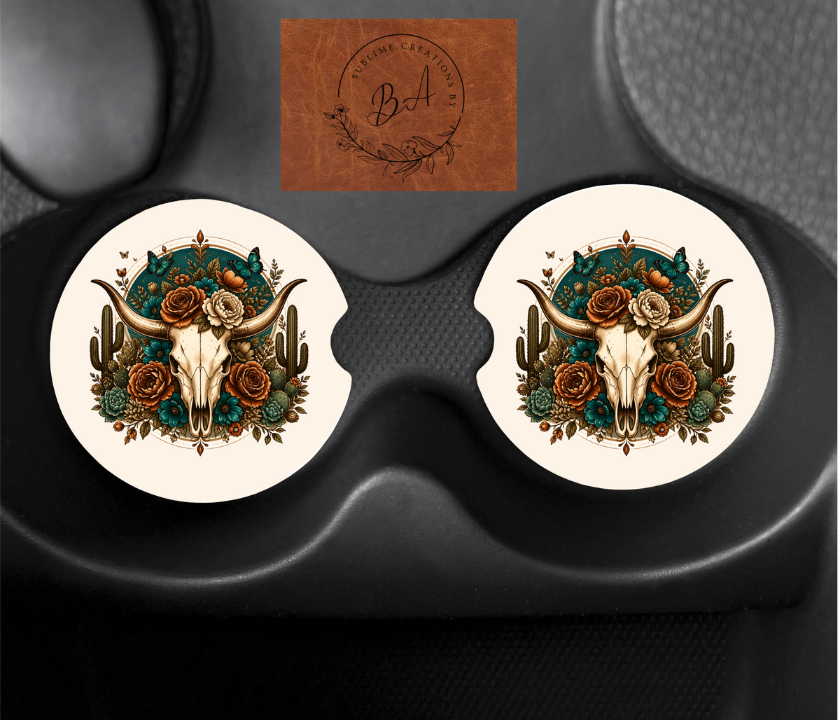 Bull Skull Floral Western Car Coaster Sets